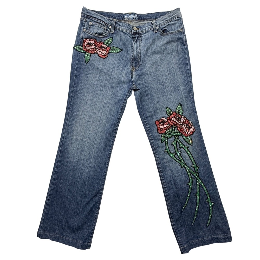 VTG Y2K Kippy's Swarovski Crystal‎ Rose Jeans Glam Western Bling USA Womens 14